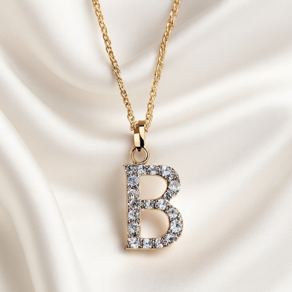 Gold Twisted Chain Necklace - Rhinestone “B” Pendant – Sparkling Initial Jewelry